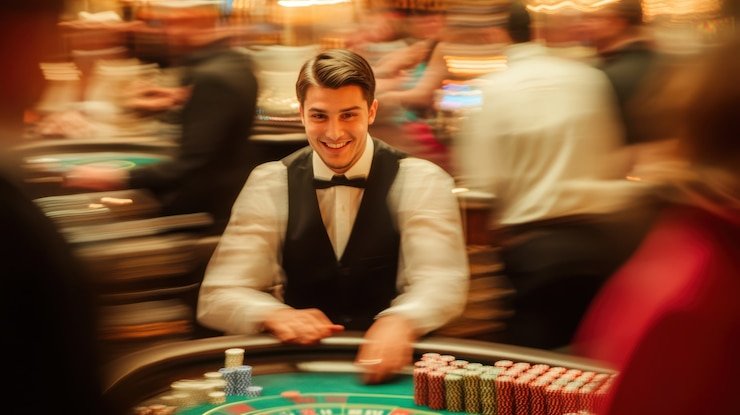 Studio dealer langsung dengan croupier dan meja blackjack profesional